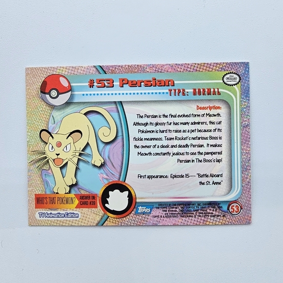 Pokemon 1999 TOPPS Persian #53 Blue Logo TV Animation Edition Card - Picture 4 of 4